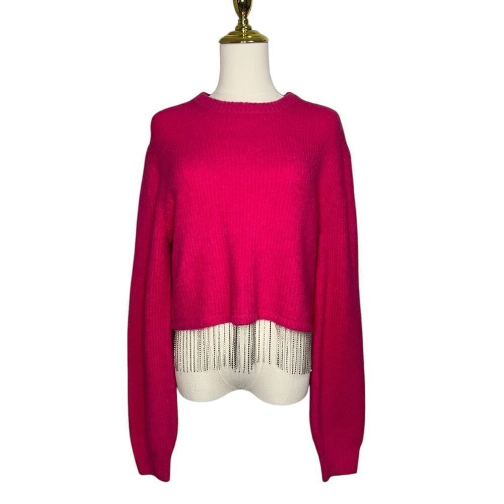 House of Harlow Women’s Medium‎ Fuchsia Knit Sweater Crop Top Rhinestone Fringe